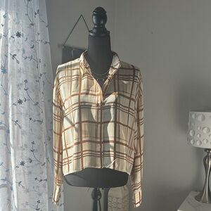 Express Cream and Brown Plaid Button-Down Shirt
